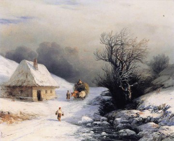 little russian ox cart in winter 1866 Romantic Ivan Aivazovsky Russian Oil Paintings